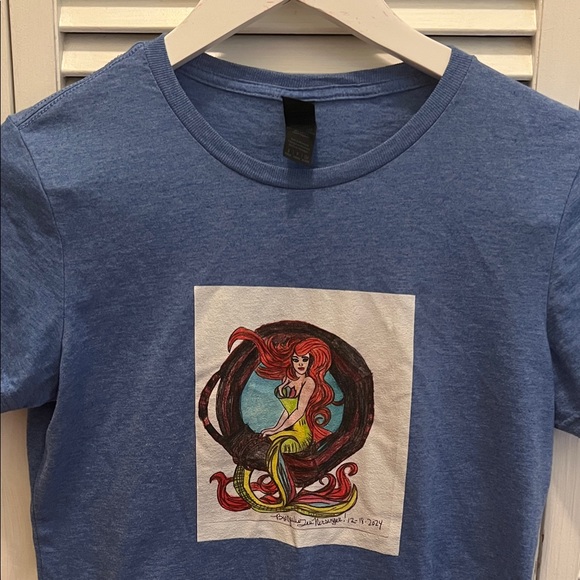 Fin Fun Mermaid Tops - Blue (Small )Julie Lee Nersinger Art T-Shirt with Mermaid Design.